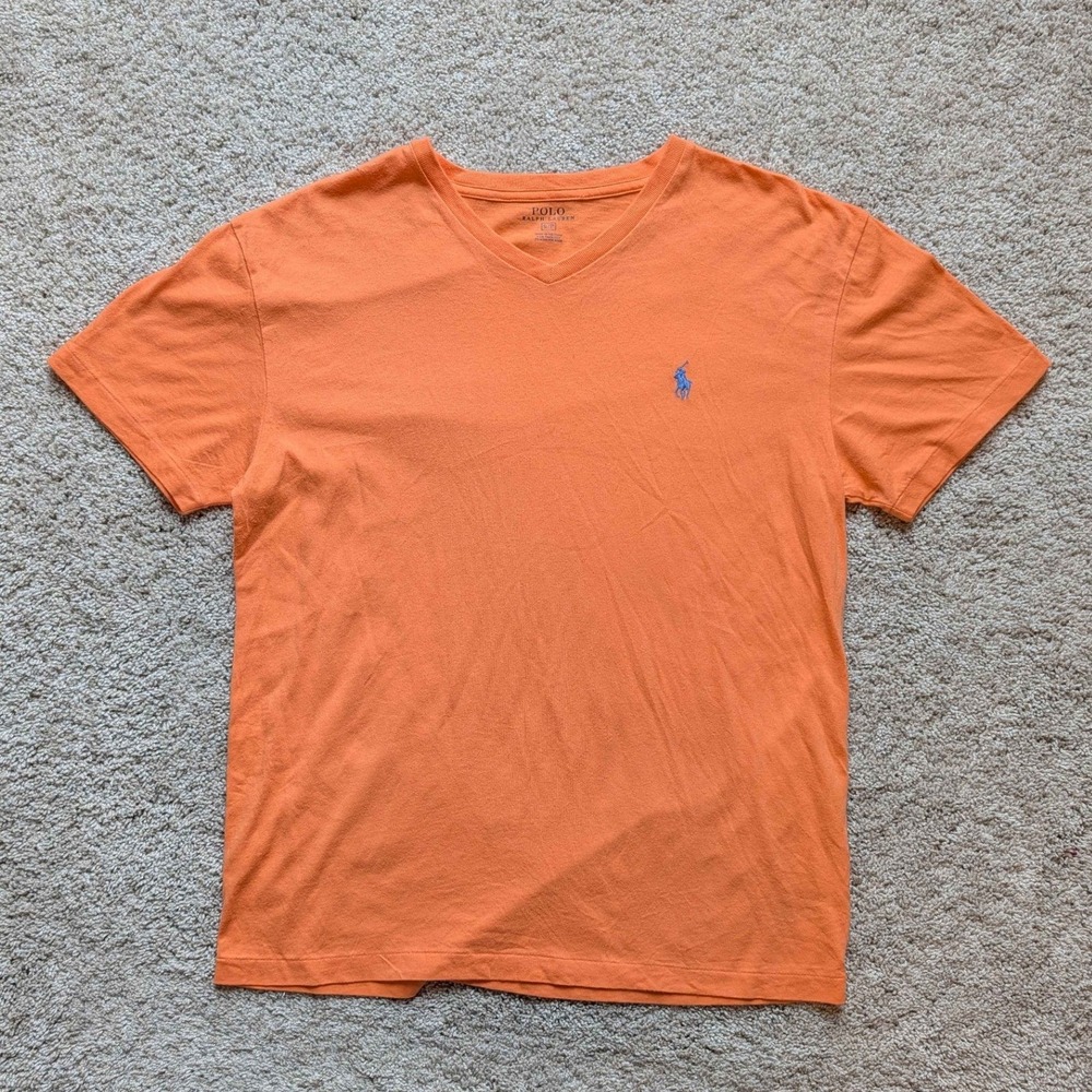 Polo Ralph Lauren V-Neck T-Shirt Mens Small Orange Blue Pony Logo 100% Cotton
